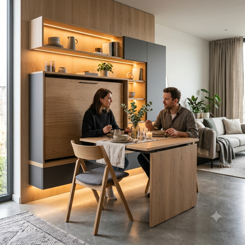 Folding wall mounted dining table with hidden chairs, a space-optimizing dining solution that deploys from a wall panel with fold-out seating for four and retracts flush when not in use